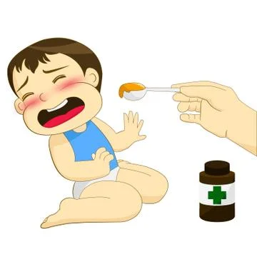 Man giving syrup because of the flu but child don't like Illustrazione stock