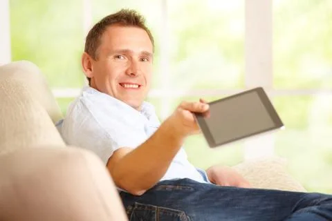 Man giving tablet Stock Photos