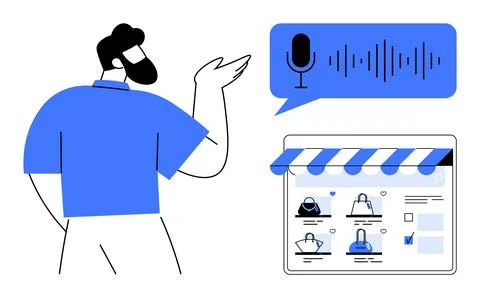 Man Giving Voice Command for Online Shopping with Speech Recognition Technolo Stock Illustration