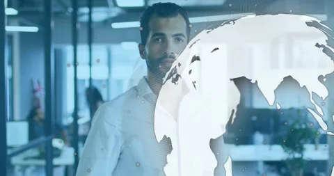 Man glancing at device in office, animated globe rotating, revealing code and Stock Footage 330563494