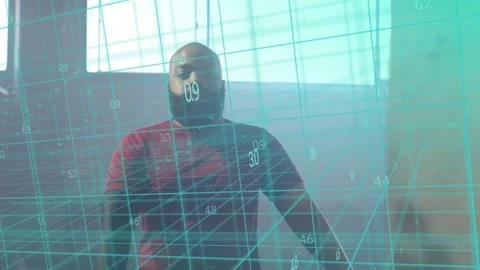 Man glancing left uncrossing checking watch for time while teal 3D grid tracking Stock Footage 334202732