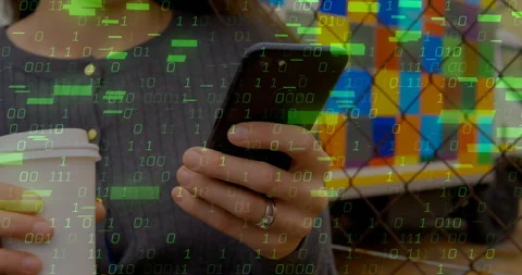 Man glancing smartphone initiating code overlay tapping phone and sipping coffee Stock Footage 310972454