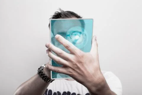 Man with glass tablet pc Stock-Fotos