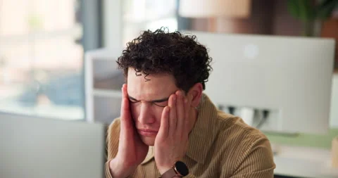 Man, glasses and computer in office with eye strain, headache and article Stock Footage 318727953