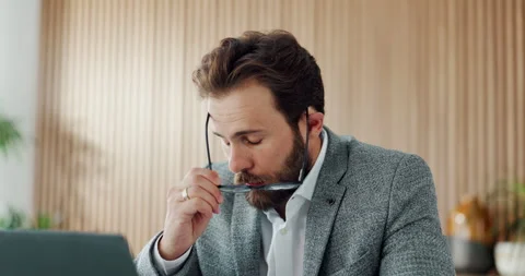 Man, glasses and eye strain with laptop in office for stress, website glitch and Stock Footage 329393333