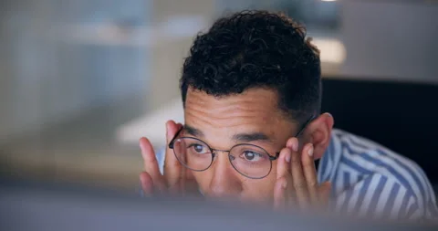 Man, glasses and reading on computer for business, thinking and programming. Web Stock Footage 286184295