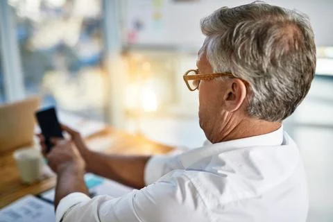 Man, glasses and vision problem with mobile for contact, planning and difficulty Stock Photos