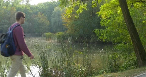 Man in Glasses With Backpack Comes to Lake Bank in Forest Take His Backpack Off Stock Footage 56064679