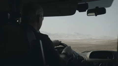 A man with glasses driving a car drives along the road among the plain and Vídeo Stock 153460153