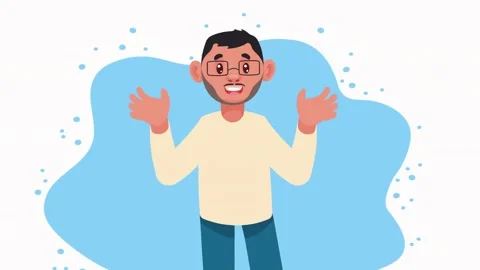 Man with glasses gesturing with open hands on blue background male happy Stock Footage 320781550
