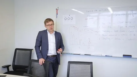 Man in glasses with a pointer tells training program before board. Stock Footage 83107731