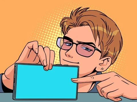 A man with glasses points to the screen of a smartphone. Proposal of a new 库存插图