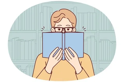 Man in glasses reading book in library Stock Illustration
