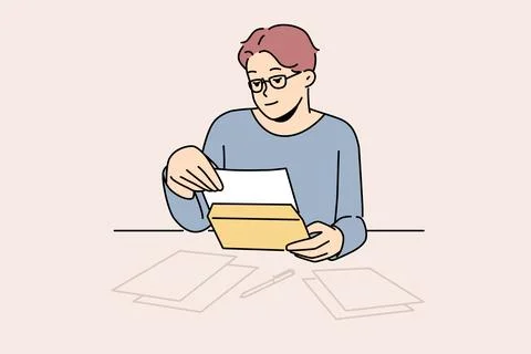 Man in glasses reading letter at table Stock Illustration