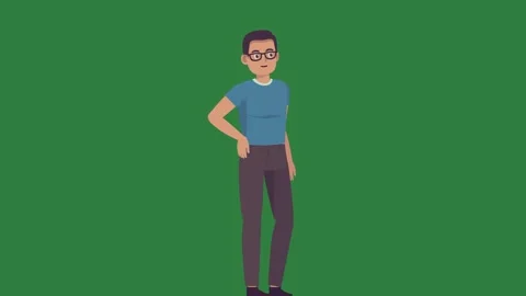 A man with glasses standing in front of green screen and on his hands hips 動画素材 336106573