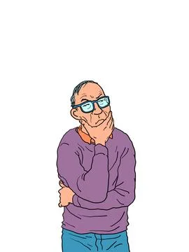 The man with glasses is thinking. The clever man reflects, intellectual work Stock Illustration