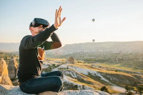 The man with glasses of virtual reality. Future technology concept. Modern Foto stock