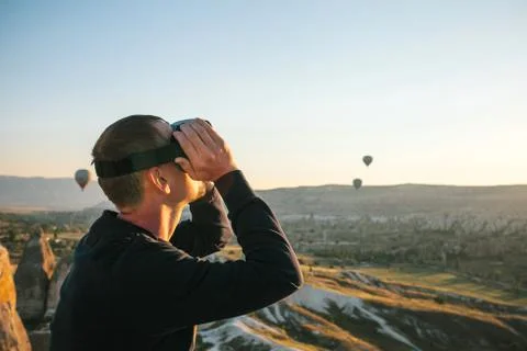 The man with glasses of virtual reality. Future technology concept. Modern Foto stock