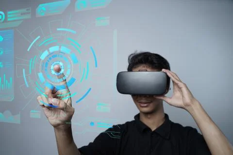 Man with glasses of virtual reality. Future technology concept. Foto stock