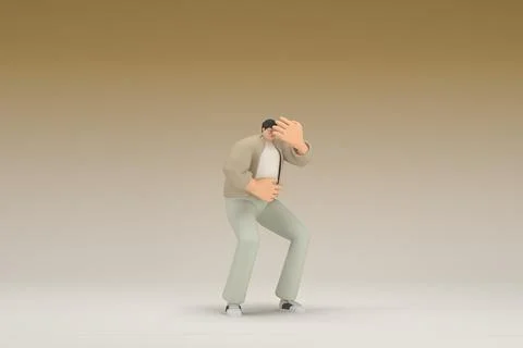 A man with glasses wearing brown cloth.  He is sad or in pain. 3d rendering.. Illustration