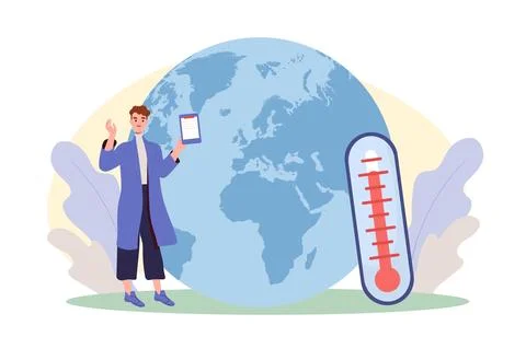 Man with global warming. Young man stands near planet with thermometer. Eco Stock-Illustration