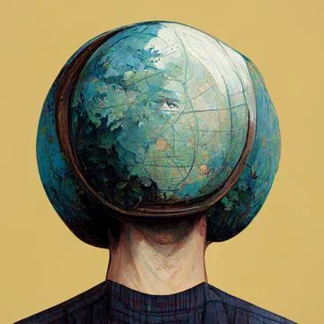 A man with a globe instead of a head. A citizen of the whole world. Concept on Stock Illustration
