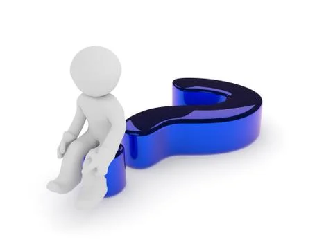 Man on a glossy blue question mark, 3d render Stock Illustration
