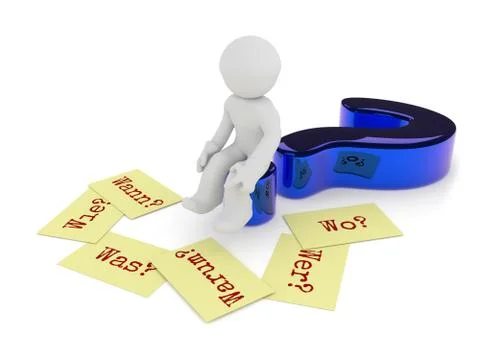 Man on a glossy blue question mark, 3d render Illustrazione stock