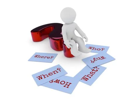 Man on a glossy red question mark, 3d render Stock Illustration