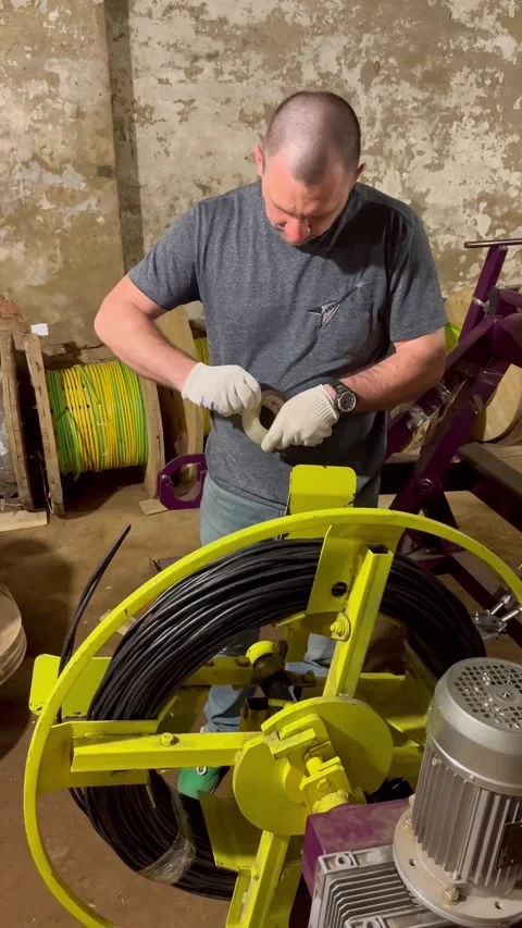 Man in gloves measures black electrical wire. Worker prepares cable for Stock Footage 322002636