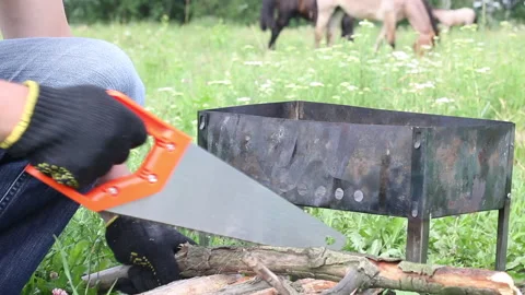 A man in gloves saws with a hacksaw a grill. In the meadow, where the horses  Stock Footage 134974785