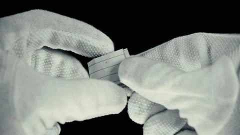 A man in gloves unfolds a note on a scrap of paper with the inscription: look up Stock Footage 91203895