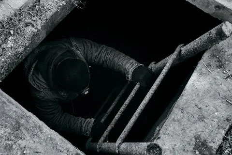 A man go down into the cellar along an iron ladder. People climbs a ladder fr Stock Photos