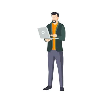 Man With Goatee Beard And Lap Top In Green Cardigan Part Of The Collection Of Stock Illustration
