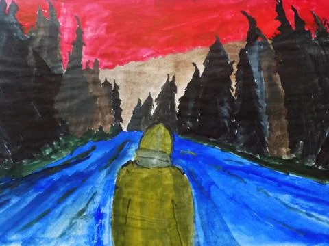 Man goes in a dense forest Stock Illustration