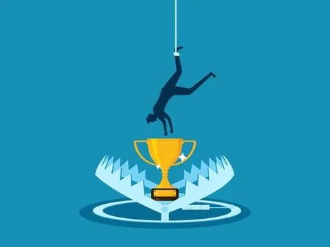 Man goes to find a trophy in a trap. Prize fraud. Vector Illustrazione stock