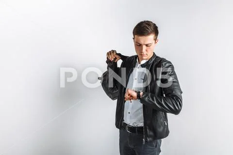 Man goes on a journey. The guy in the Studio. The guy in the black jacket. Ha Stock Photos