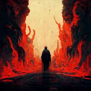 Man goes to the light through the fire of Hell Stock Illustration
