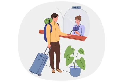 Man goes through passport control at airport crossing state border, showing Stock Illustration