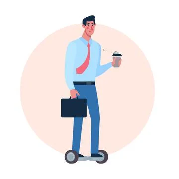The man goes to work on the hoverboard. The guy with coffee rides on an Stock Illustration