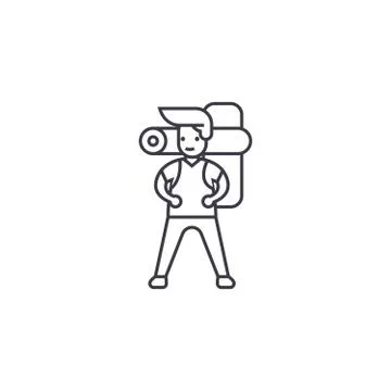 Man going camping vector line icon, sign, illustration on background, editable Stock Illustration