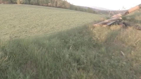Man going down the stairs from hunting blind. POV shot. Raw video. Stock Footage 77227581