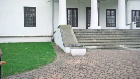 Man going downstairs in front of big house, steadycam shot 库存影片 74345035