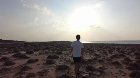 The man going on vacation is walking on the beach with no one around. Stock Footage 242485905