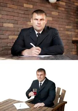 The man is going to write and I drink a man going Stock Photos