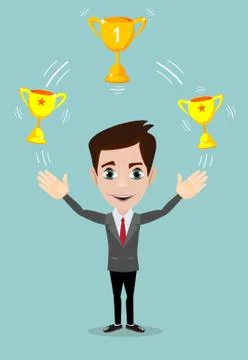 Man with gold trophy goblet ,he celebrates his victory Stock Illustration
