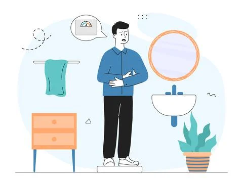 Man got fat. Young guy holding his stomach and thinking about his weight Stock Illustration