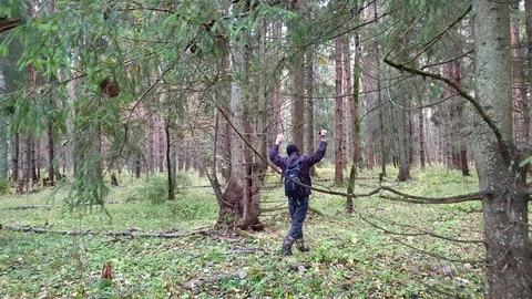 Man got lost in the forest. Survival in the forest. Stock Footage 117113841