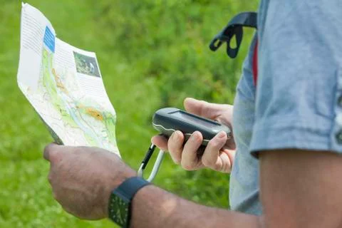 Man with gps and plan Stock Photos