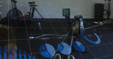 Man grabbing handle and rowing on machine in gym, animated charts tracking Stock Footage 331593646